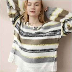 Lou & Grey Cream Green Gray Yellow Striped Balloon Sleeve Boxy Sweater Sz XXL